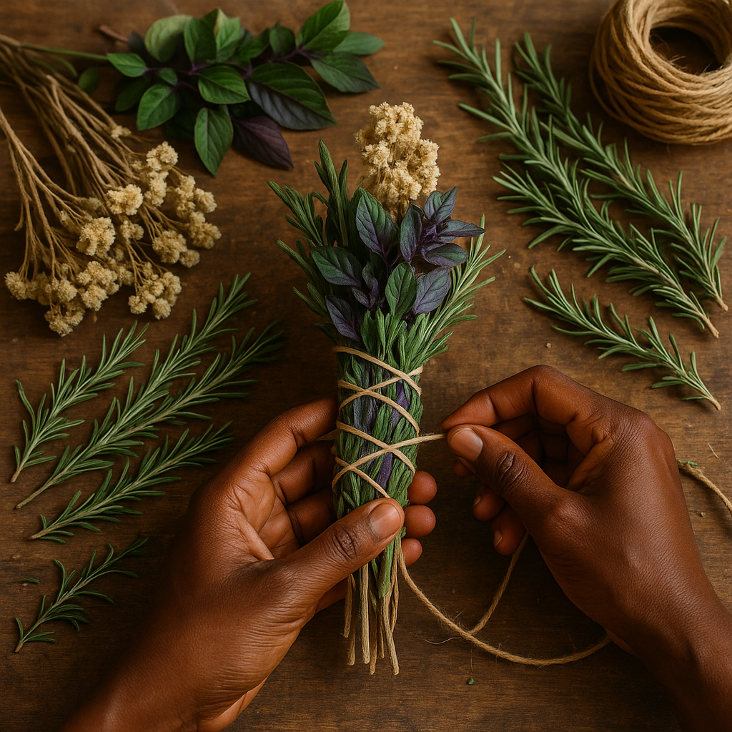 Close-up of hands tying natural twine around a small bundle of imphepho, blue basil, and wild rosemary on a weathered wooden surface, with loose herb sprigs and a coil of twine nearby.