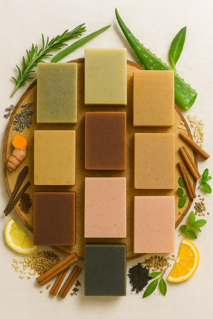 Twelve artisanal soap bars in varying earthy tones arranged in a circle on a round wooden slab, surrounded by fresh rosemary, aloe leaf, citrus slices, cinnamon sticks, turmeric root, vanilla pods, and tea leaves, all set on a light beige textured fabric.